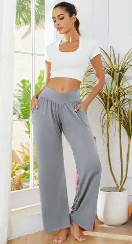 Vista 5 de Pantalones de yoga de pierna ancha para mujer, cintura alta, holgados, casuales, cómodos, para descansar, palazzo, pijamas con bolsillos