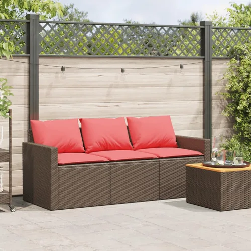 Vista 4 de Patio Sofa 3-Seater Brown Poly Rattan with Cushions Brown and Red