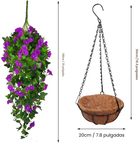 Vista 6 de Cesta de flores artificiales colgantes para decoración de primavera al aire Morado