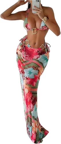 Vista 14 de WDIRARA Conjunto de bikini para mujer de 3 piezas, estampado floral halter con anillos, leopardo, traje de baño con falda de playa Varios