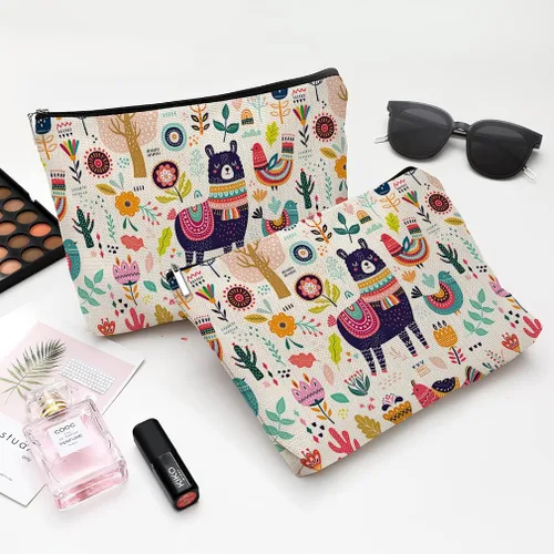 Vista 5 de Pequeña bolsa de maquillaje para monedero, bonita lona impermeable, bolsas de cosméticos para mujeres, con cremallera, bolsa de aseo de viaje