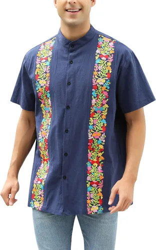 Vista 10 de Camisas mexicanas para hombre, camisas de vestir tradicionales de guayabera para hombre, con botones, cuello de banda, camisa de vestir para fiesta