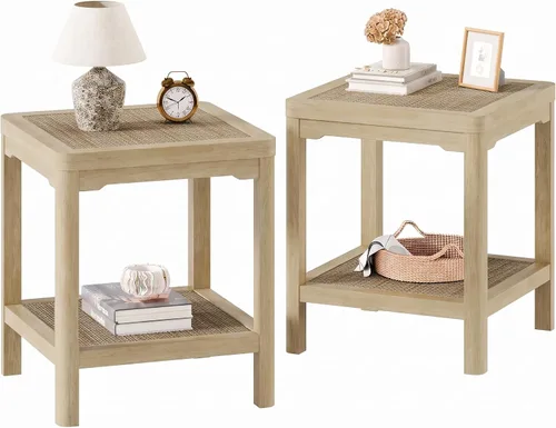 Vista 27 de Eclatara Mesitas de noche de ratán, mesa auxiliar de 2 niveles para dormitorio, mesa auxiliar de polígono decorativa para espacios pequeños, mesa