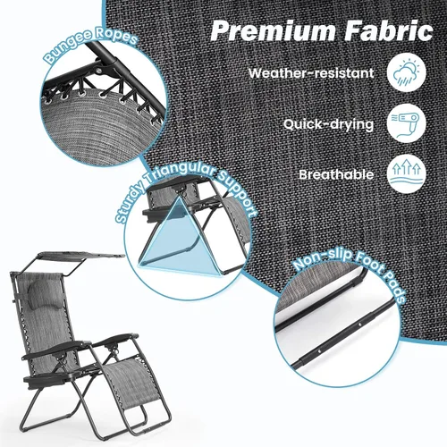 Vista 4 de Sillas Goplus Zero Gravity, Silla de jardín plegable extra grande con toldo y soporte para copas, Silla reclinable ajustable para patio plegable