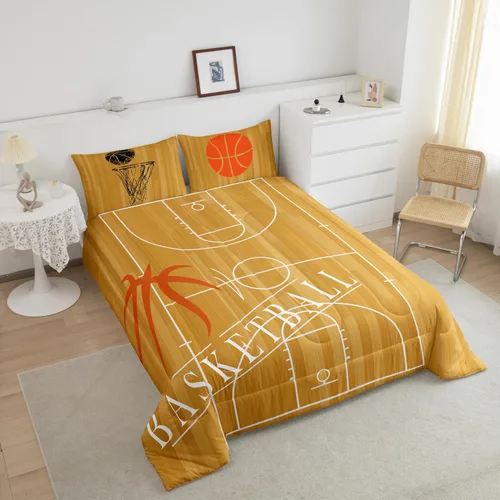 Vista 2 de Erosebridal Juego de ropa de cama de baloncesto tamaño individual para niños, juego de edredón deportivo para cancha de baloncesto, edredón marrón