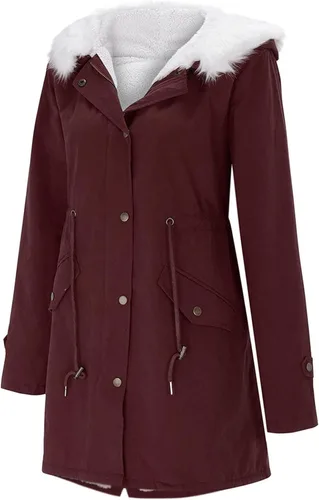 Vista 3 de SNKSDGM Abrigo de invierno con forro de piel sintética para mujer, abrigo de invierno con bolsillos, Rojo