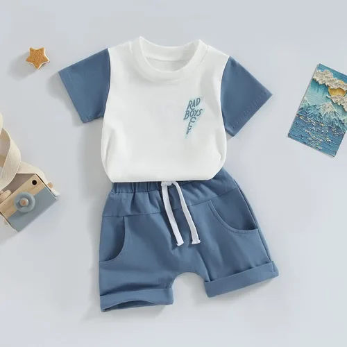 Vista 2 de Conjunto de ropa de verano para bebé niño pequeño, camiseta de manga corta con letras y pantalones cortos enrollados para recién nacidos