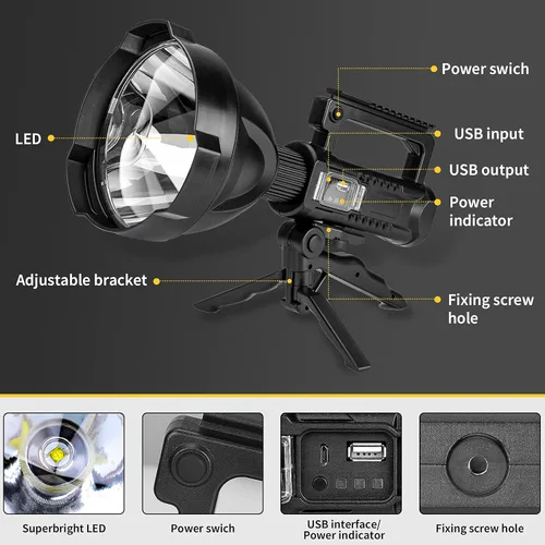 Vista 4 de Superbright - Linterna LED recargable de gran tamaño, 4 modos, de alta potencia, portátil, impermeable, reflector para camping, caza al aire libre