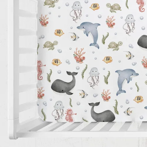 Vista 4 de Sábana bajera ajustable para cuna de bebé, diseño bohemio de animales marinos, 52 x 28 pulgadas, ballena, delfín, medusa, caballo marino, tortuga