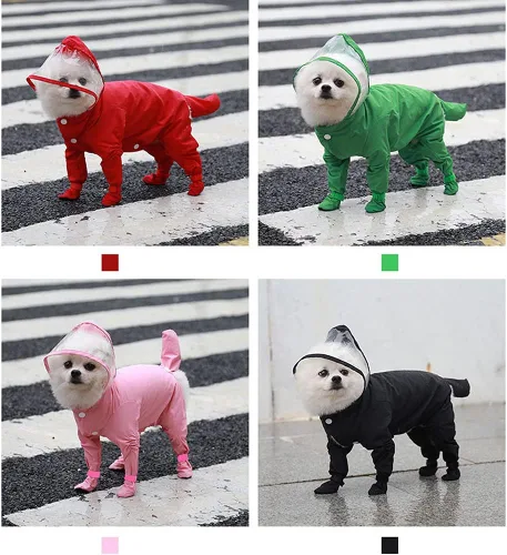 Vista 5 de HongGun Impermeable para perro, impermeable para cachorros, con capucha, mameluco para perro, chaqueta impermeable y botas de lluvia, overol