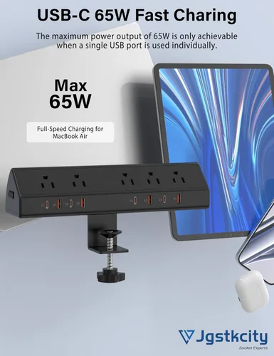 Vista 2 de Regleta de Alimentación con Abrazadera para Escritorio de 65W Estación de Carga Rápida, 4 PD USB-C, 5 Tomacorrientes, Protector contra