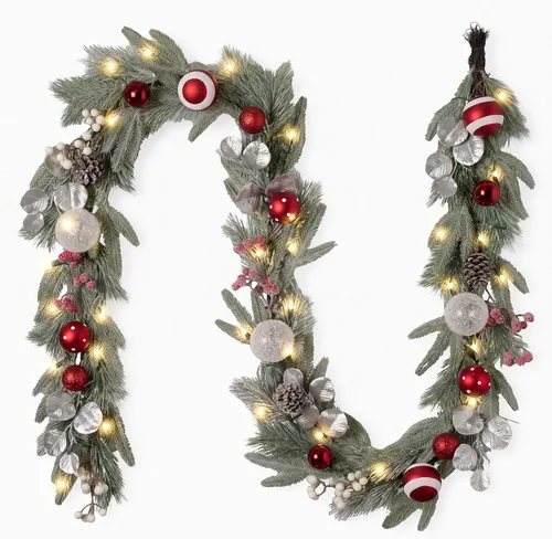 Vista 10 de Valery Madelyn 6 Ft Christmas Garland with Lights for Mantle White Gold Guirnalda de Navidad iluminada al aire libre con bolas de pino Norfolk