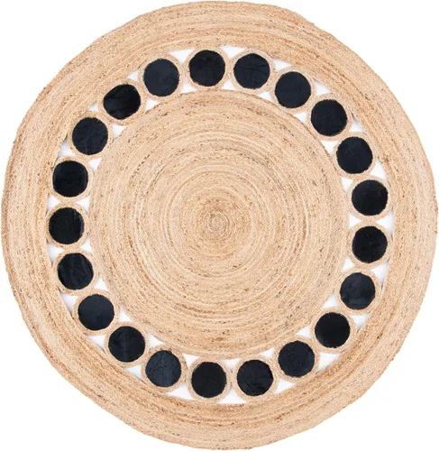 Vista 4 de SAFAVIEH Natural Fiber Round Collection NF370Z - Alfombra redonda de yute y cuero de 3 pies, hecha a mano, color beige y negro