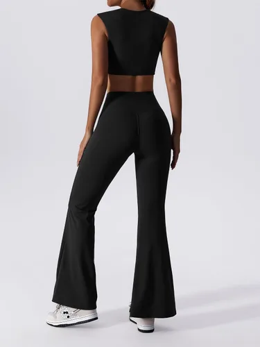 Vista 2 de ABOCIW Conjuntos de entrenamiento para mujer, 2 piezas, leggings acampanados de cintura alta, dobladillo con abertura, cuello en V, brasier