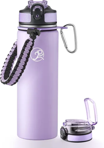 Vista 23 de GOSWAG - Botella de agua de viaje de acero inoxidable aislada de 24 onzas, 2 tapas with straw and no straw, Paracord handle, Double-wall vacuum