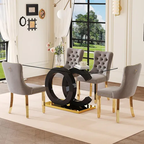 Vista 12 de Ebullient 63" Modern Glass Dining Table Set for 4, Black & Gold 5-Piece Set Glass Table & Beige Chairs