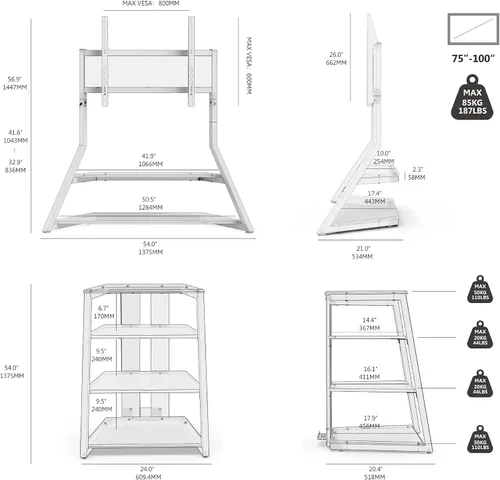 Vista 8 de FITUEYES Soporte esquinero para TV de 75 a 100 pulgadas con gabinete multimedia AV de 4 niveles, soporte de TV de piso con estantes esquineros