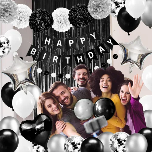 Vista 6 de Decoraciones de fiesta de cumpleaños en blanco y negro, decoraciones de feliz cumpleaños para hombres, mujeres, niños y niñas, incluyendo pancarta