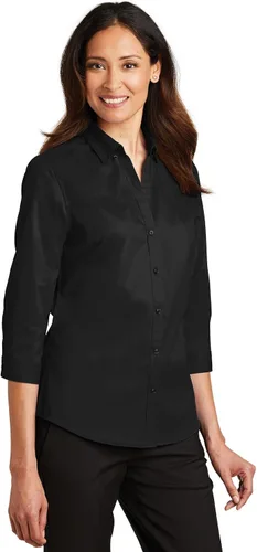 Vista 4 de Port Authority Camisa de sarga con botones SuperPro de manga 3/4 para mujer