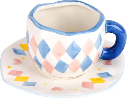 Vista 7 de Juego de taza de café y platillo de cerámica, cerámica hecha a mano de 10 onzas con patrón de nube blanca, pequeña taza de regalo para expreso, Azul