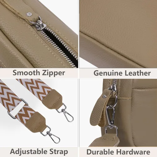 Vista 4 de Bolso cruzado para mujer, cuero auténtico, correa ancha, bolso de hombro, diseño moderno, bolso cruzado con cremallera superior