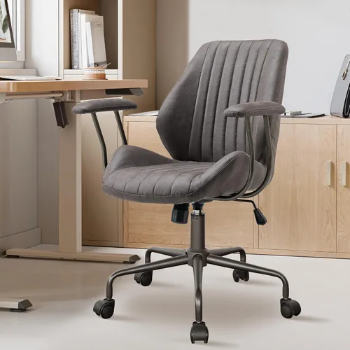 Vista 22 de Silla de oficina Mid Century Modren, silla ejecutiva giratoria con soporte lumbar, silla de escritorio ergonómica de respaldo medio con ruedas Beige