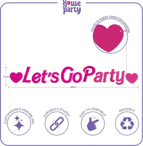 Vista 3 de HOUSE OF PARTY Cartel de fiesta Let's Go – 5 pies Fiesta de despedida de soltera con purpurina rosa para decoración Cartel de niñas