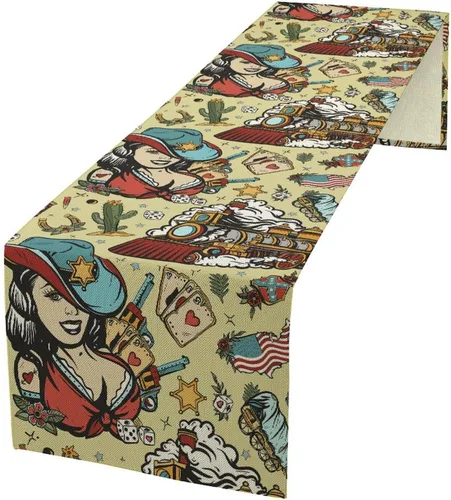 Vista 32 de Camino de mesa de lino de algodón, cuchillo de cocina occidental, tenedor, colección de mesa rectangular, desierto salvaje oeste americano