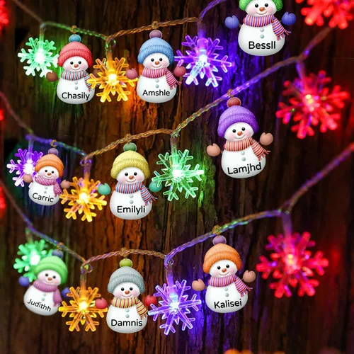 Vista 8 de Cadena de luces de muñeco de nieve personalizadas con nombre personalizado, muñeco de nieve LED, funciona con pilas, luces de hadas de Navidad