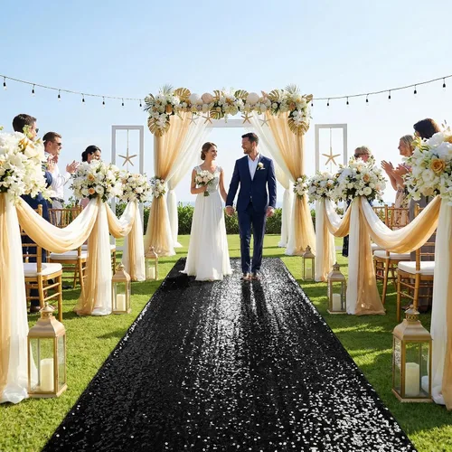 Vista 5 de Alfombra de pasillo de 2 x 15 pies para fiesta, alfombra de lentejuelas negras para decoración de baile de graduación, banquete brillante