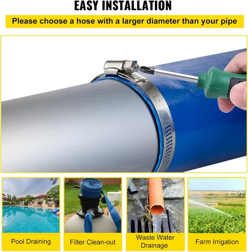 Vista 6 de VEVOR Manguera de descarga, 1-1/2 pulgadas x 100 pies, manguera plana de tela de PVC, manguera de drenaje resistente con abrazaderas, resistente a