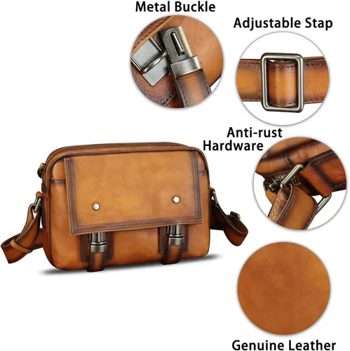 Vista 6 de Bolso bandolera de cuero genuino para hombre, bolso cruzado vintage de cuero real para hombre, bolso de mensajero para trabajo y viajes
