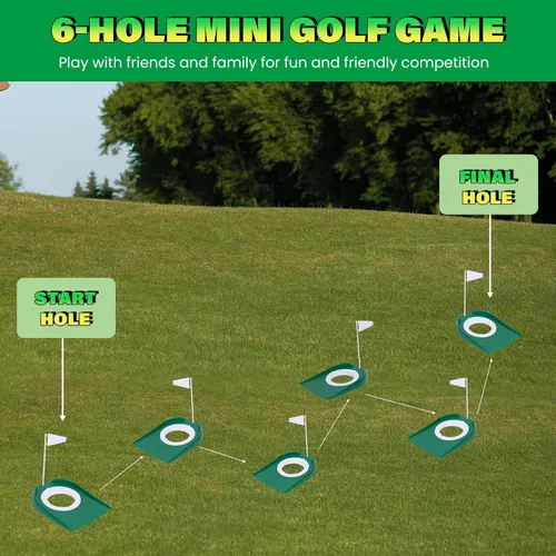 Vista 6 de Mini juego de práctica de golf de putting – Putters ajustables, 6 agujeros marcados, 12 pelotas de práctica, recuperador de bolas extensibles
