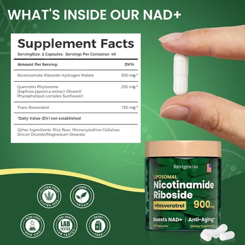 Vista 2 de Suplemento NAD+ - Ribosida liposomal de nicotinamida y resveratrol 900 mg, suplemento de resveratrol NAD para hombres y mujeres, antienvejecimiento