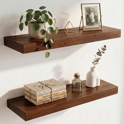 Vista 12 de Estantes flotantes de 20 pulgadas para pared, estante flotante de madera maciza de alta gama con soporte invisible resistente, estantes de pared