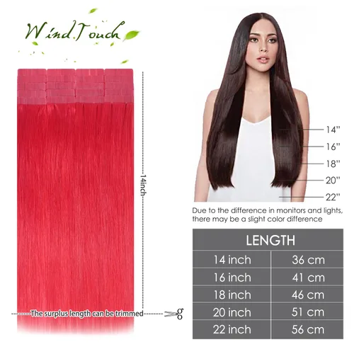 Vista 5 de WindTouch Extensiones de cabello humano con cinta adhesiva, color rojo, 20 unidades, 14 pulgadas, #rojo, 1.06 oz