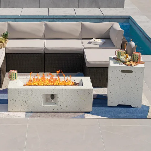 Vista 10 de SUNBURY Mesa de fuego de propano para exteriores de 42 pulgadas, mesa rectangular con tanque de 40,000 BTU, mesa de gas blanca manchada para patio