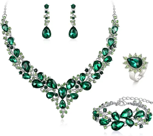 Vista 23 de BriLove - Juego de joyas de boda con cristales austriacos, collar, aretes y pulsera para mujer 01-Tono plateado transparente