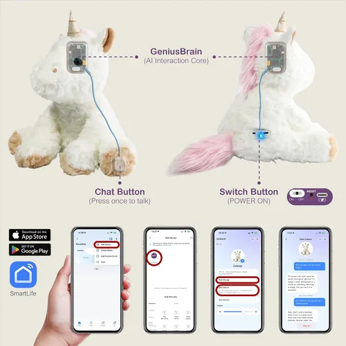 Vista 4 de KOWSI® AI ChatGPT - Peluche interactivo de unicornio parlante, 1.4 libras, calentable para microondas con almohadilla térmica de turmalina lavanda