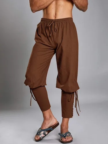 Vista 2 de Makkrom Pantalones de tobillo medievales para hombre, disfraz de pirata vikingo, con cordones, bandas cónicas, renacentistas, Navigator Halloween