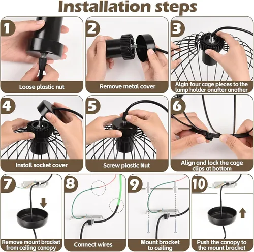 Vista 7 de GLOBOTECH Lámpara de araña industrial moderna de bola negra, lámpara colgante de jaula de metal, base E26 (sin bombilla), requiere montaje