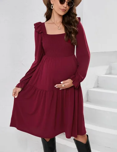 Vista 3 de KOJOOIN Vestido de maternidad para mujer, sin mangas, cuello cuadrado, volantes, casual, bohemio, vestido midi para baby shower, sesión de fotos
