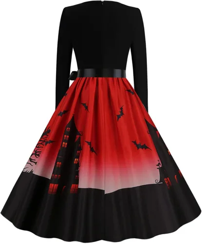 Vista 5 de Disfraz de gato para mujer para niñas, estampado de moda, manga larga, cuello cuadrado, casual, dobladillo de Halloween