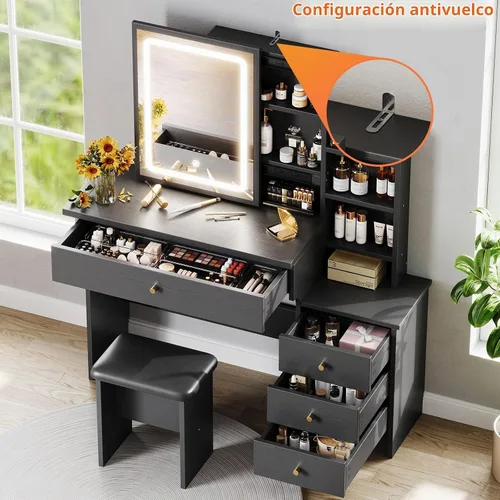 Vista 6 de Memobarco Escritorio de tocador con espejo y luces, tocador de maquillaje con 3 modos de iluminación ajustables, escritorio de tocador pequeño