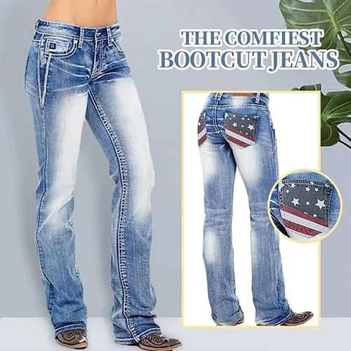 Vista 3 de Jeans de tiro medio y corte de bota con bandera estadounidense para mujer
