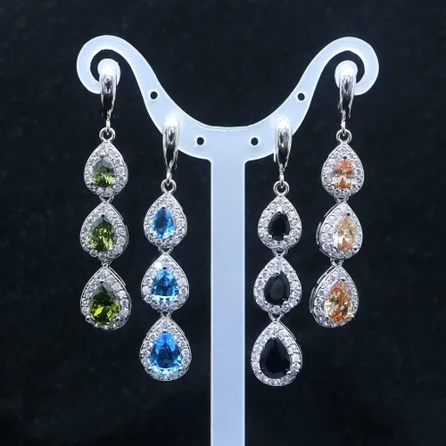 Vista 5 de LMXXVJ Juego de collar y aretes largos, chapados en oro blanco, juego de joyas de zafiro azul creado, joyería de regalo para boda, fiesta, joyería