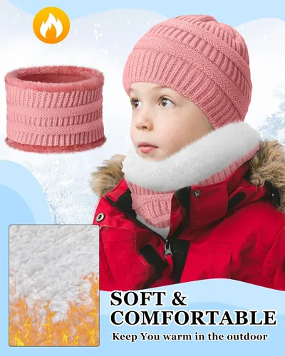 Vista 3 de Geyoga Gorro de invierno para niños y niñas, gorro de punto suave y cálido, 4 bufandas