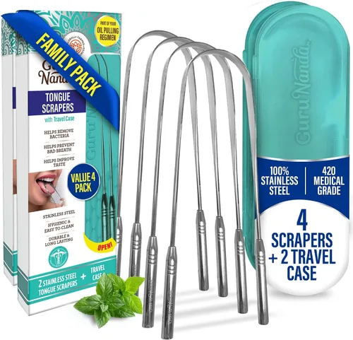Vista 12 de GuruNanda Raspador de lengua para niños (paquete de 2) con estuche de viaje, acero inoxidable, ayuda al aliento fresco, limpiador de lengua apto