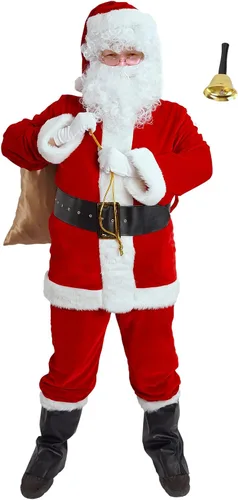Vista 2 de Disfraz de Papá Noel para hombres, traje de Papá Noel para adultos, 11 piezas, traje de terciopelo rojo de lujo, Navidad, vacaciones, fiesta
