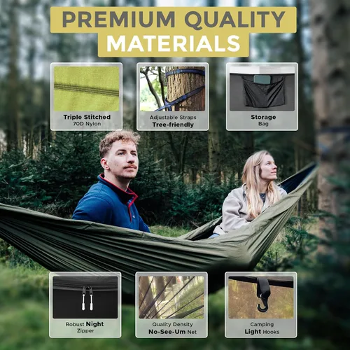 Vista 5 de Miztli Hamaca de camping – Hamaca portátil con amplia red y correas de árbol con bucles ajustables, hamaca doble e individual para exteriores